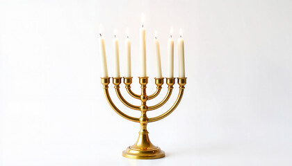 Shining menorah with lit candles for Hanukkah on a white background with copy space