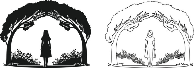 A woman stands beneath a tree archway shown in dual black and white illustrations