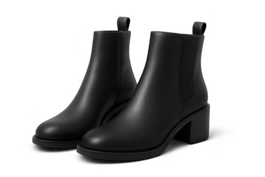 Elegant black leather Chelsea boots isolated on a transparent background space