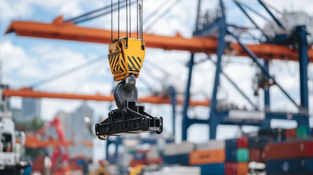 Low-angle close-up of a crane hook hanging above stacked containers, bright daytime lighting, port cranes and machinery forming a dynamic blurred backdrop