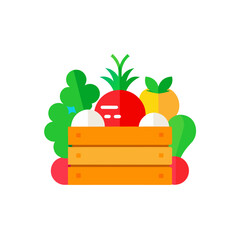 Fresh produce in a wooden crate colorful design on transparent background