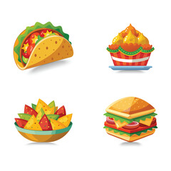 Four delicious fast food items illustrated on a white background