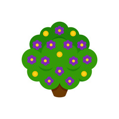 Illustration of a tree with flowers and yellow fruit on transparent background