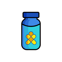 Blue bottle with a yellow design on the front side on transparent background