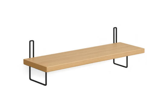 Modern floating wooden shelf isolated on transparent background, stylish design