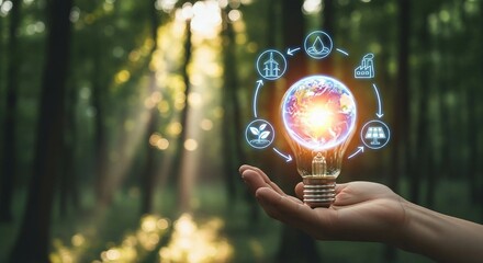 Hand holding glowing earth light bulb with energy cycle icons