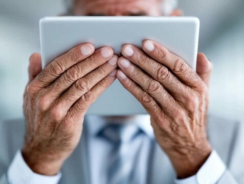 Senior man engages with tablet device indoors during afternoon