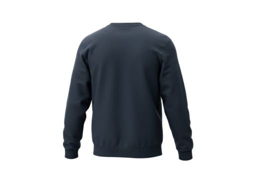 dark navy blue heavyweight cotton fleece pullover sweatshirt, back view, highlighting ribbed cuffs and shoulder seams, isolated on high-key white. e-commerce apparel mockup template