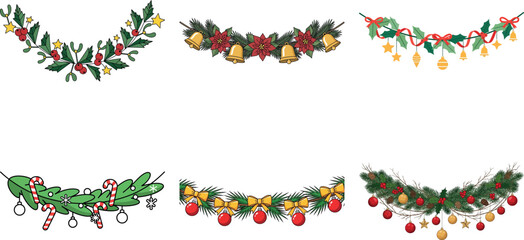 Festive christmas garland and border set isolated on transparent background, perfect for adding a touch of holiday cheer