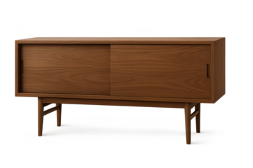 Stylish wooden cabinet isolated on transparent background, mid-century design