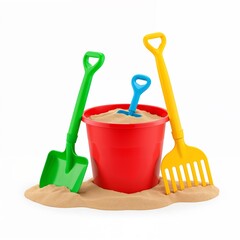 Colorful plastic sand toys: bucket, shovel, rake on a sandy base