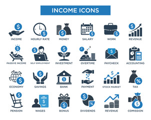Income and Finance Icon Set – Modern Business, Money, Salary, Revenue and Accounting Symbols. Vector Icon Template