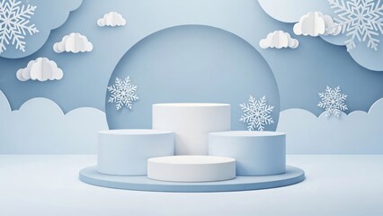 Winter wonderland background with empty white and pastel blue podiums on circular stage and paper cut snowflakes and clouds. Product banner display concept for seasonal promotion with copyspace.