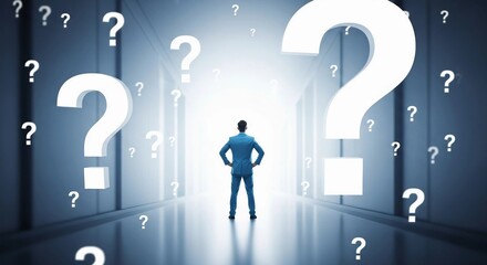 Businessman standing amidst floating question marks pondering