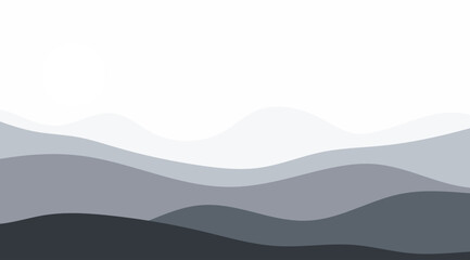 Layered Mountains grayscale, curved shapes, monochrome gradients, nature scenery, background design showcases mountains with grayscale layers and curved shapes ideal for simple backgrounds, templates