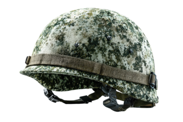 Military combat helmet with camouflage pattern isolated on transparent background. Military camouflage helmet isolated on white background.