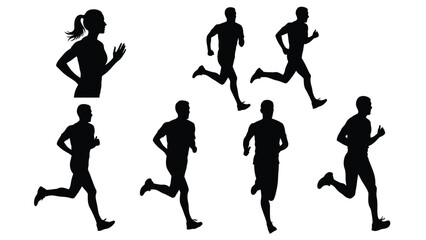 Running People Silhouettes Set. Collection of Male and Female Runners in Various Poses. Vector Illustration for Sport, Fitness, and Marathon Design.
