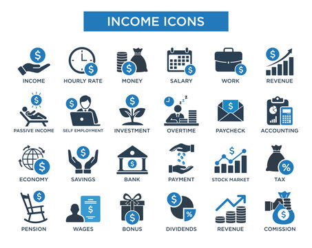 Income and Finance Icon Set – Modern Business, Money, Salary, Revenue and Accounting Symbols. Vector Icon Template