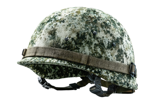 Military combat helmet with camouflage pattern isolated on transparent background. Military camouflage helmet isolated on white background.