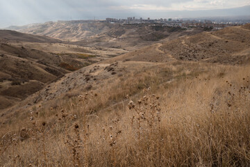 Dry grass in mountains of Armenia and view on Yerevan city far away