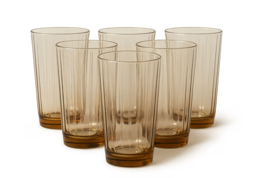 Elegant set of six striped amber glasses isolated on transparent background