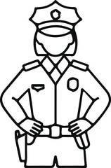 Female police officer line art security illustration, Black-and-white line drawing of a female police officer standing confidently, representing law enforcement, security, authority, and public safet
