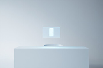 Modern Glass Phone Display Hovering Over Minimalist White Desk in Office Interior for Technology and Communication Concept Studio Shot
