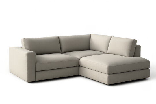 Modern beige sectional sofa isolated on a transparent background, interior decor