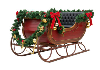 Detailed, mahogany and crimson traditional christmas sleigh with polished brass runners, decorated with holly, wreath, and golden jingle bells, isolated on white studio background with copy space.