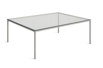 Modern rectangular glass table with metal frame and legs, isolated on transparent background.