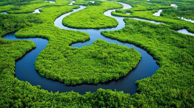 A stunning aerial shot captures a beautiful winding river that is beautifully surrounded by lush, vibrant rainforest