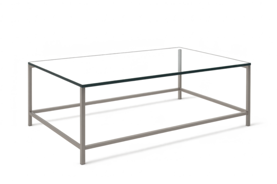 Modern glass coffee table with metal frame isolated on transparent background