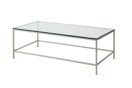 Modern glass top coffee table isolated on a transparent background for interior design.