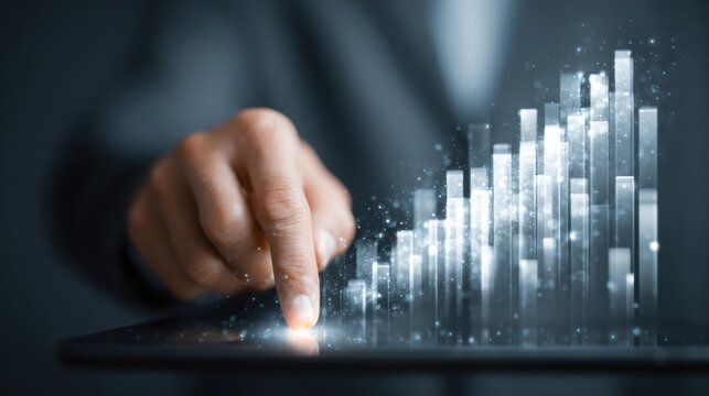 Hand touching glowing digital financial bar chart - Powered by Adobe