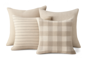 Cozy neutral patterned decorative pillows isolated on a transparent background