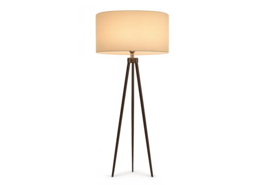 Elegant modern tripod floor lamp with luminous drum shade, isolated on transparent background.