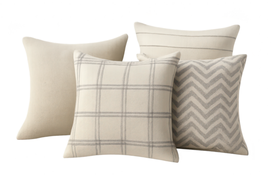 Decorative pillows, neutral patterns, cut-out, transparent background.