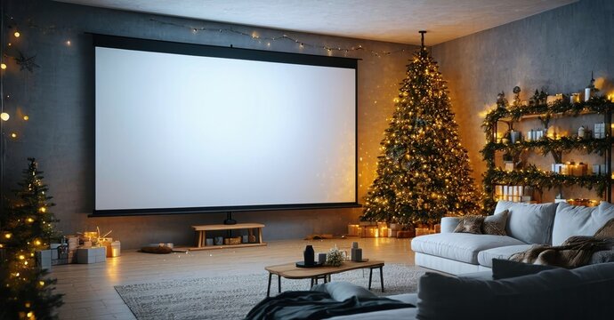 Cozy living room features large screen, decorated Christmas tree, warm lighting. Festive atmosphere perfect for movie night.