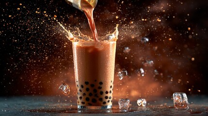 Refreshing bubble tea splash with a dynamic pour and ice, creating a captivating aesthetic for food lovers and beverage enthusiasts.