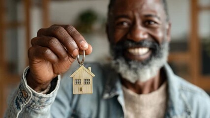 Excited man holds new house key in bright living room after successful home purchase - Powered by Adobe
