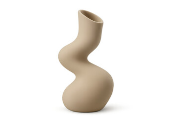 Modern beige wavy ceramic vase, isolated on transparent background, elegant home decor