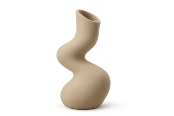 Modern beige wavy ceramic vase, isolated on transparent background, elegant home decor
