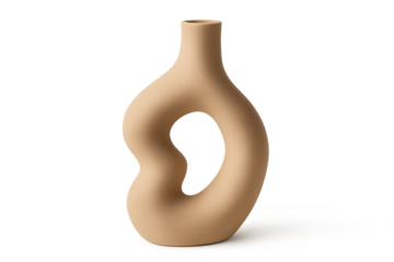 Abstract beige ceramic vase with organic hole design, isolated on transparent background