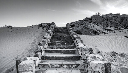 Ancient Stone Steps Winding Up a Sandy Hill in a Rugged Natural Landscape, Black and White
