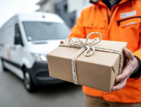Delivery person hands over a carefully wrapped package on a city street