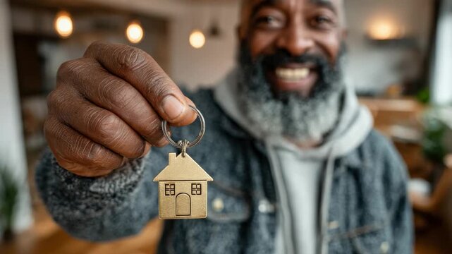 Exciting moment of a man receiving house keys in a cozy indoor setting - Powered by Adobe