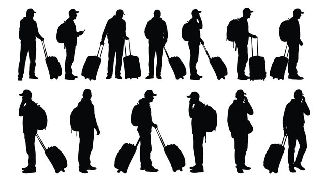 Set of Traveling Men Silhouettes. Vector illustration collection of male travelers walking and standing with luggage, wheeled bags, and backpacks, isolated figures for graphic design.