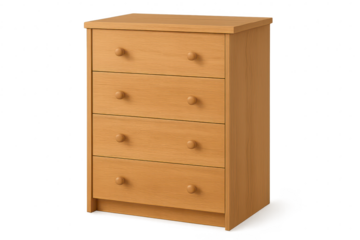 Wooden chest of drawers, four storage drawers, isolated on transparent background.