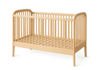Classic light wooden baby crib isolated on transparent background, infant bed