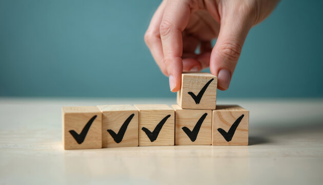 Human hand carefully places wood cube with black checkmark icon. Row of wooden blocks task completion, successful project goals, quality control. Action means corporate compliance, management